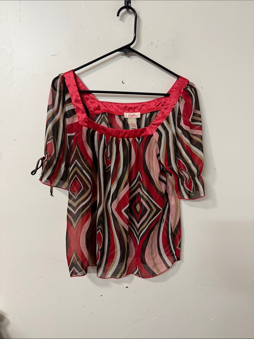 Red Geometric Sheer Peasant Top Y2K